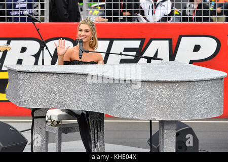 Delta Goodrem performs for the crowd and VIPs ahead of the start of the Supercheap Auto Bathurst 1000 at the Mount Panorama Circuit in Bathurst, Australia.  Featuring: Delta Goodrem Where: Bathurst, New South Wales, Australia When: 08 Oct 2017 Credit: WENN.com Stock Photo