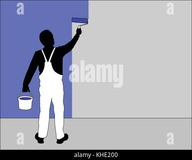 man painting wall with paint roller - vector Stock Vector