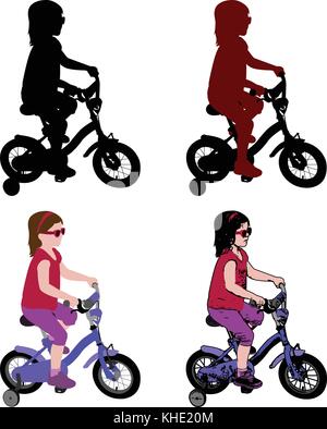 little girl riding bicycle silhouette and illustration - vector Stock Vector