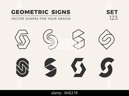 Set of eight minimalistic trendy shapes. Stylish vector logo emblems for Your design. Simple creative geometric signs collection. Stock Vector