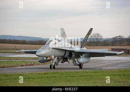 10 Swiss Boeing F/A 18C Hornet on deployment to RAF lLossiemouth in Morayshire, Scotland for 4 weeks day & Night flying low level pilot training. Stock Photo