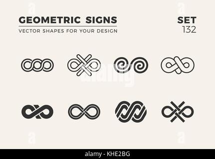 Set of eight minimalistic trendy shapes. Stylish vector logo emblems for Your design. Simple creative geometric signs collection. Stock Vector