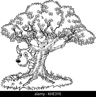 Fairytale Big Bad Wolf and Tree Cartoon  Stock Vector