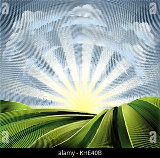 Fields Rolling Hills and Sun Engraved Etching Stock Vector