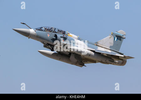 LARISSA, GREECE - MAY 4, 2017: Hellenic Air Force Dassault Mirage 2000 fighter jet plane in flight. Stock Photo