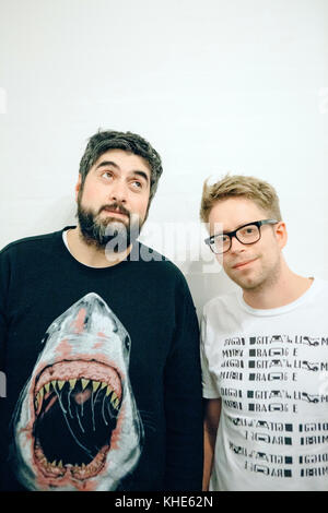 The German electronic music duo Digitalism consists of the two music composers and musicians Jens “Jence” Moelle (R) and Ismail “Isi” Tüfekci (L) who are here portrayed before a live concert in Copenhagen. Denmark, 13/11 2016. Stock Photo