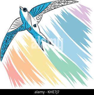Hand drawn illustration with patterned swift and rainbow. Vector image Stock Vector