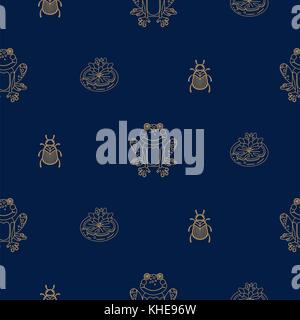 Dark blue and gold outline frog on pond seamless pattern. Stock Vector