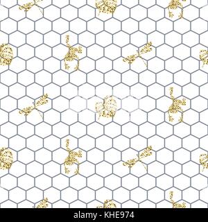 Netting outline seamless pattern with gold glitter insects. Stock Vector