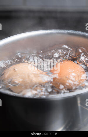 Eggs in boiling water in saucepan on electric hob Stock Photo