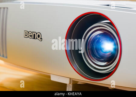 London, UK. Close up of lens of BenQ W1210ST projector. Stock Photo