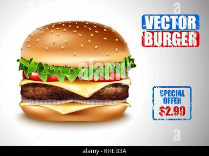 Vector Realistic Hamburger. Classic Burger American Cheeseburger with Lettuce Tomato Onion Cheese Beef on white Background. Fast Food menu price Stock Vector