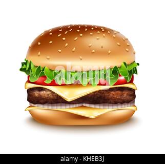 Vector Realistic Hamburger icon. Classic Burger American Cheeseburger with Lettuce Tomato Onion Cheese Beef Close up isolated on white Background Stock Vector