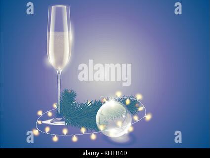 Champagne full wineglass, transparent glass christmas ball toy, lights and fir-tree branch. Winter holiday card on purple retro background. Soft light Stock Vector