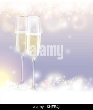 New Year Eve celebration background two glasses champagne. Abstract sparkling light magic glitter. Glow bright festive holiday poster with sparks Stock Vector