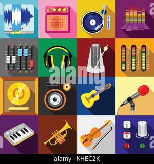 Recording studio symbols icons set, flat style Stock Vector