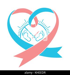 Icon of births a newborn's  premature baby in the form  a pink blue ribbon and small prints of the newborn's scabbard. Icon in linear style Stock Vector
