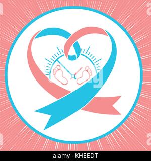 Icon of births a newborn's  premature baby in the form  a pink blue ribbon and small prints of the newborn's scabbard. Icon in linear style Stock Vector