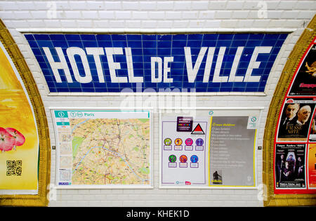 Paris, France. Paris Metro station - Hotel de Ville. Tiled design on the platform Stock Photo
