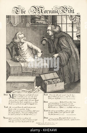 The Morning Visit: Caricature on the relations between aristocracy and the clergy. Lord at his table writing with a quill pen surrounded by documents and charters. Copperplate engraving by Thomas Sanders after a satirical illustration by Timothy Bobbin (John Collier) from Human Passions Delineated, John Haywood, Manchester, 1773. Stock Photo