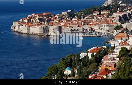 Historical Old Town of Dubrovnik with city walls, fortifications and harbour, Dalmatia, Croatia Stock Photo