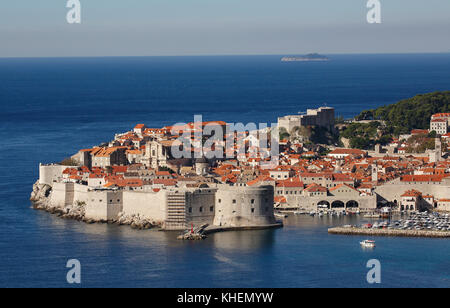 Historical Old Town of Dubrovnik with city walls, fortifications and harbour, Dalmatia, Croatia Stock Photo