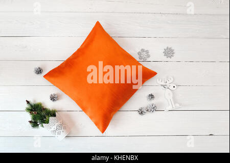 Orange Pillow case Mockup. Flat lay, top view photo mockup. Holidays decorations Stock Photo