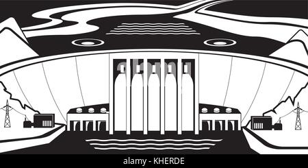 Hydro power plant on a dam lake - vector illustration Stock Vector