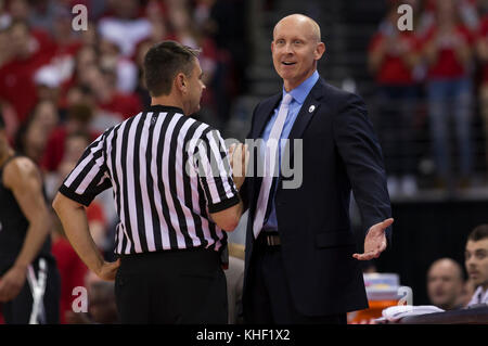 Madison, WI, USA. 16th Nov, 2017. Xavier head coach Chris Mack reacts during the NCAA Basketball game between the Xavier Musketeers and the Wisconsin Badgers at the Kohl Center in Madison, WI. Xavier defeated Wisconsin 80-70. John Fisher/CSM/Alamy Live News Stock Photo