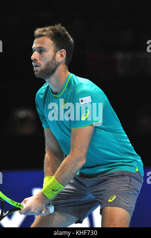 London, UK. 16th Nov, 2017. Ryan Harrison (USA) competing in the doubles competition in the Nitto ATP Finals at The O2 Arena, London, UK. The Association of Tennis Professionals (ATP) Finals are the season-ending championships and feature the top 16 doubles pairs as well as a singles competition. Credit: Michael Preston/Alamy Live News Stock Photo