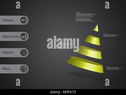 3D illustration infographic template with motif of cone divided to four green parts askew arranged with simple sign and sample text on side in bars. D Stock Vector