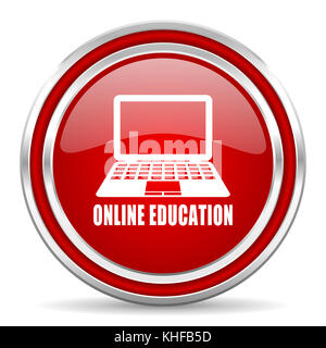 Online education red silver metallic chrome border web and mobile phone icon on white background with shadow Stock Photo