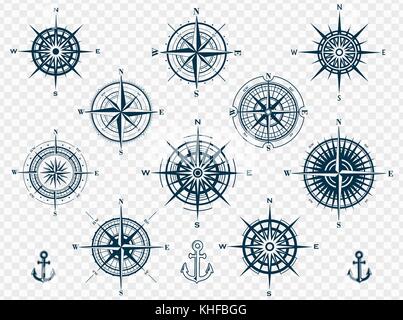 Set of compass roses or wind roses Stock Vector