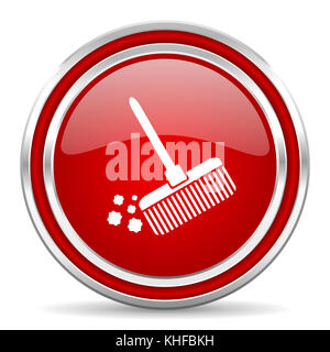 Broom red silver metallic chrome border web and mobile phone icon on white background with shadow Stock Photo