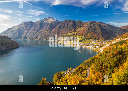 View to Brunnen town, Swiss Alps and Lucerne lake from Morschach, Switzerland Stock Photo