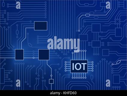 IOT text displayed on circuit board with blue background. Internet of things concept vector illustration Stock Vector