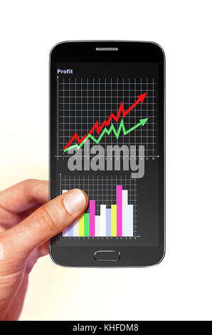 smartphone with diagram of profit on screen in hand Stock Photo