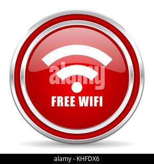 Free wifi red silver metallic chrome border web and mobile phone icon on white background with shadow Stock Photo