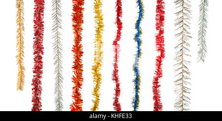 Large various christmas tinsel decorations collection. Isolated on white Stock Photo