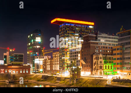 Night panorama of Mediahafen in Dusseldorf city. Germany Stock Photo