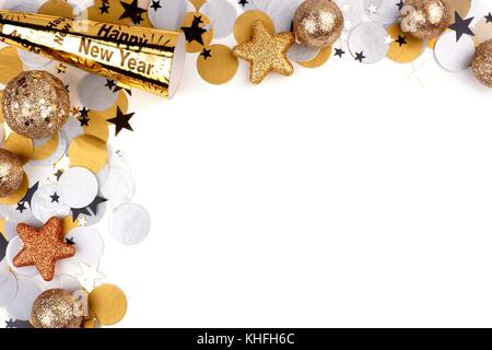 New Years Eve corner border of gold and black confetti, streamers and ...