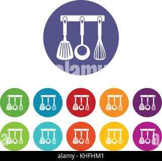 Spatula, ladle and whisk, kitchen tools on a hanger set icons in different colors isolated on white background Stock Vector