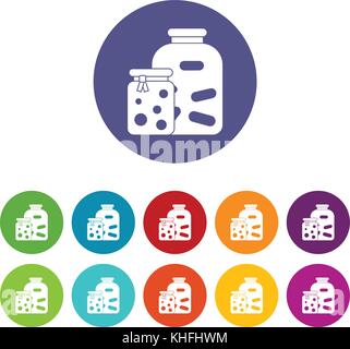 Jars with pickled vegetables and jam set icons in different colors isolated on white background Stock Vector