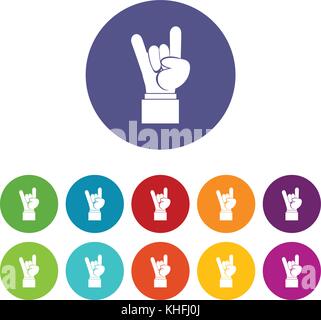 Rock and Roll hand sign set icons in different colors isolated on white background Stock Vector