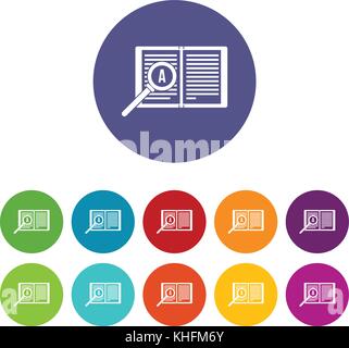 Magnifying glass over open book set icons Stock Vector