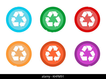 Set of rounded colorful buttons with recycle symbol in blue, green, yellow, orange, purple and red colors Stock Photo