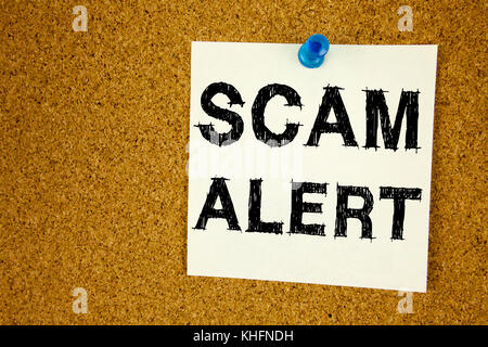 Conceptual hand writing text caption inspiration showing Scam Alert. Business concept for Scam Alert love written on sticky note, reminder cork backgr Stock Photo