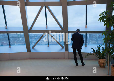 Rearview of a businessman talking on the phone looking out the window. Stock Photo