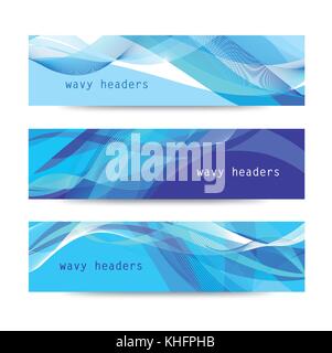 Vector set of abstract blue wavy headers, water flow banners. Use for web site, ad, brochure, flyer Stock Vector