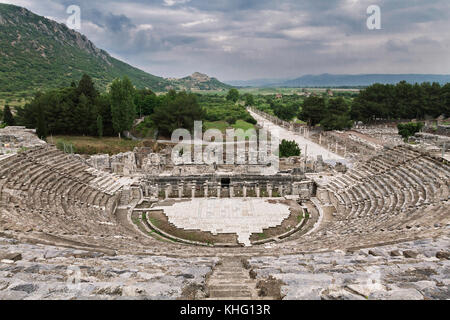 Antique amphiteatre in the Roman ruins of Ephesus, Selcuk, Izmir, Turkey. Stock Photo